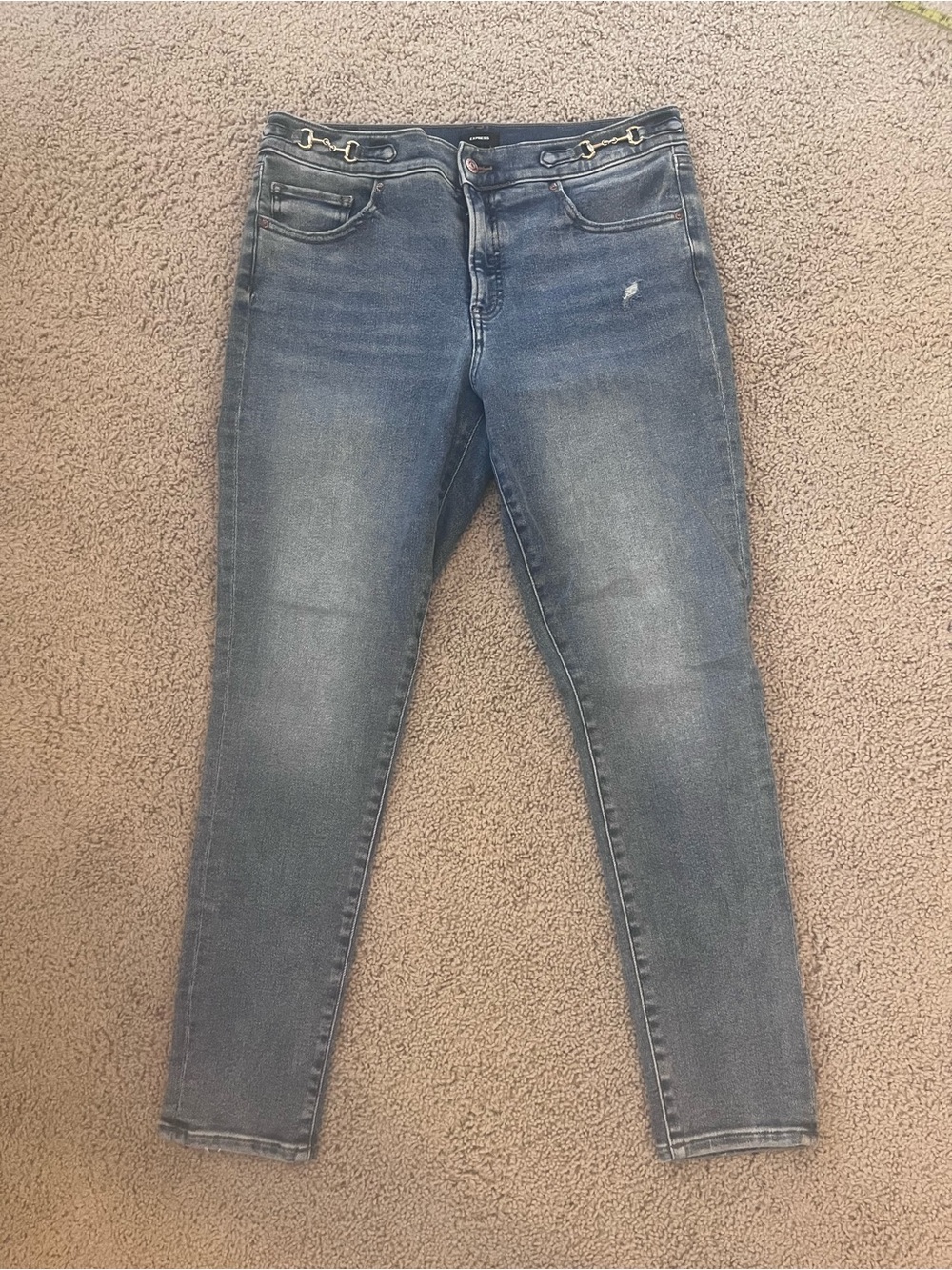 Express Women's Horsebit Medium Blue Skinny Jeans with Subtle Fade size 12